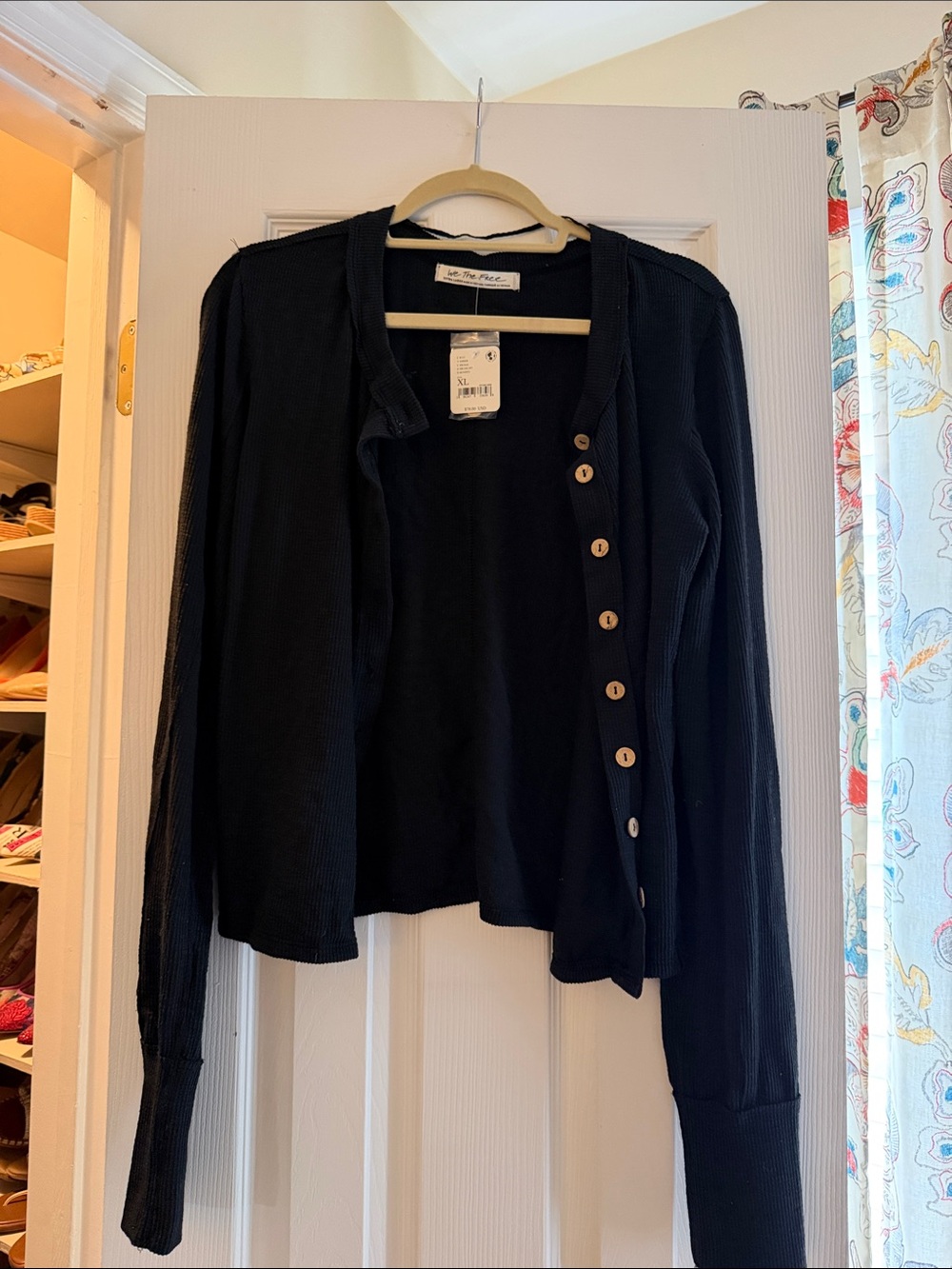 Free People Black Waffle-Knit Button-Front Cardigan